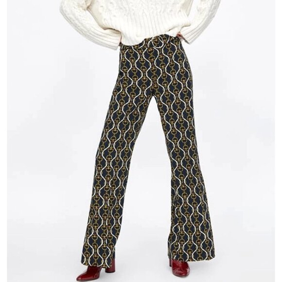 ZARA Womens Medium Equestrian Chain Print Flared Trousers Dress Pants - Picture 5 of 11